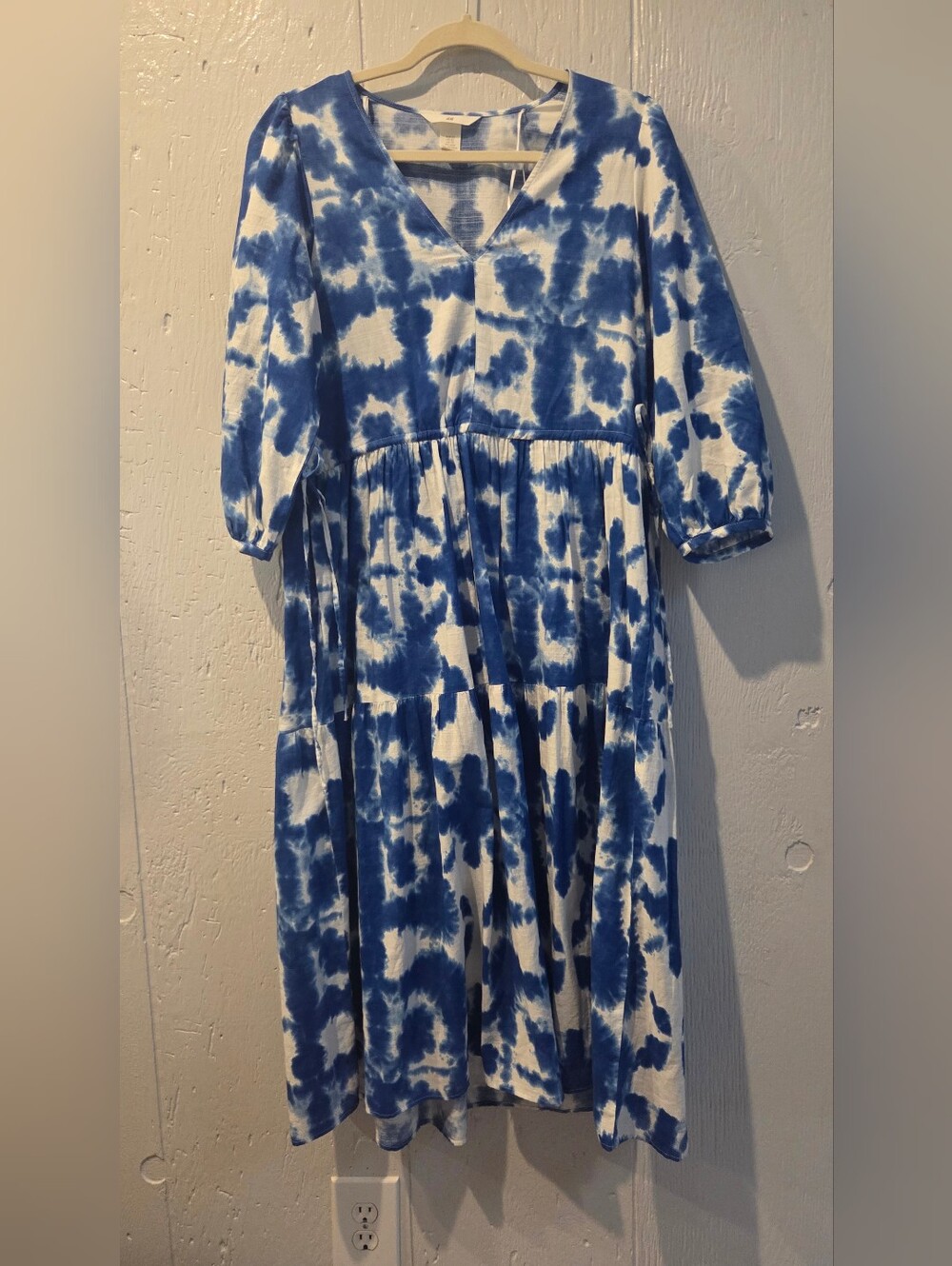 H& M Maxi Blue and White Tie-Dye Tiered Dress